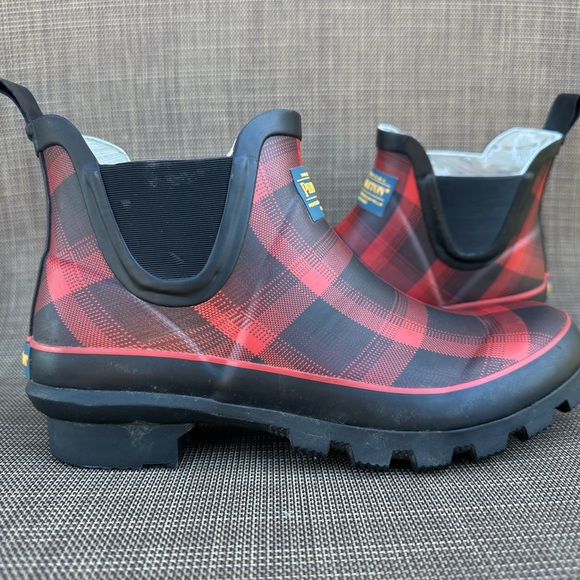 PendletonRain BootsRed Black Plaid Ankle Chelsea Rubber Waterproof Booties Sz 7 - Picture 2 of 10